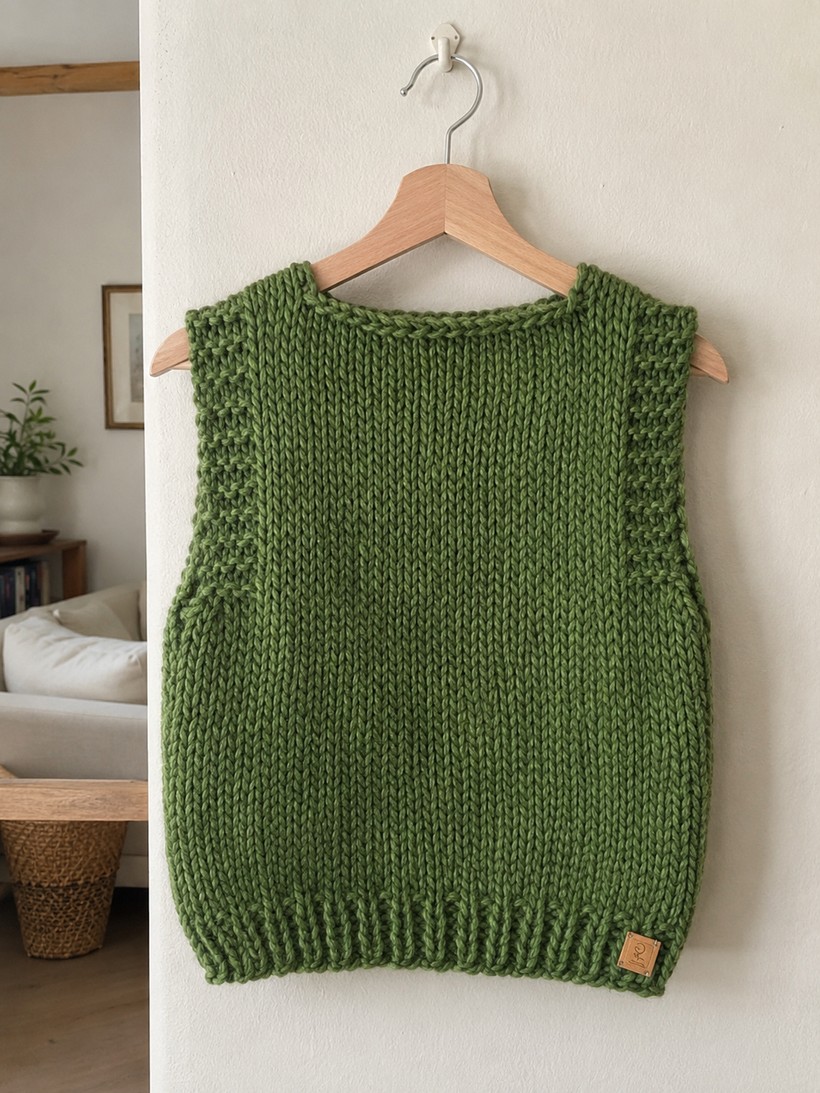 Moss green super bulky knitted vest with ribbed hem and seed stitch armhole borders, on a wooden hanger
