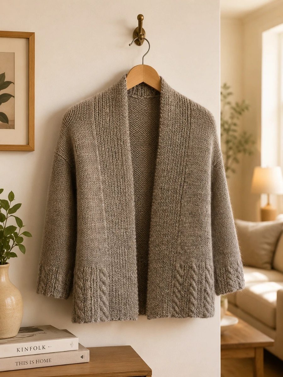 Oversized grey open cardigan in brushed alpaca with rope cable bands at the hem and cuffs