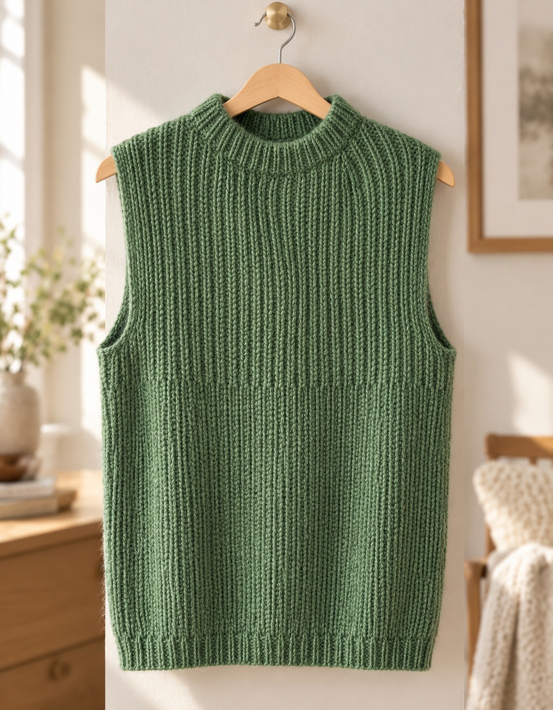 Sage green fisherman's rib knitted vest with a mock neck collar, hanging on a wooden hanger