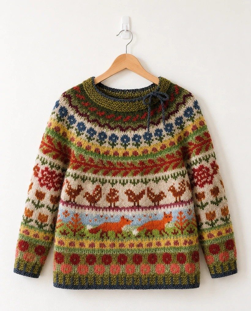 Stranded colourwork sweater with flower bands on the yoke and running foxes round the body