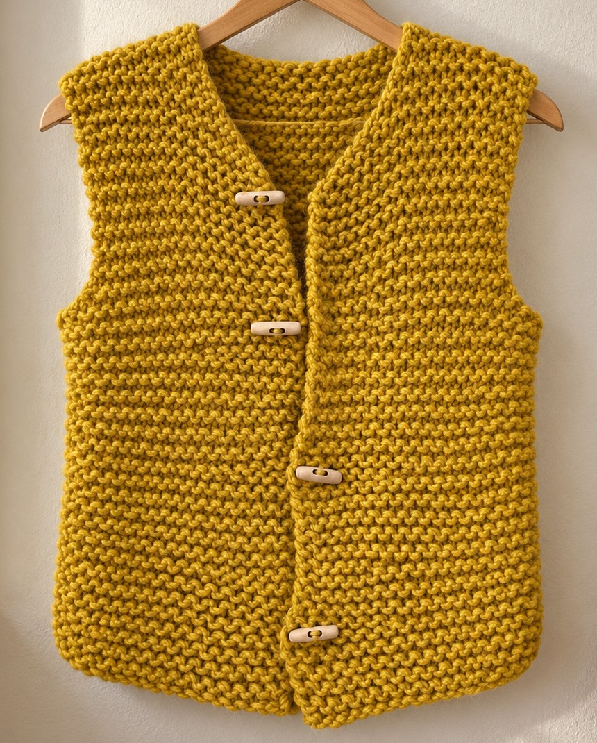 Mustard yellow garter stitch knitted vest with a V neck and four wooden toggle fastenings, hanging on a wooden hanger