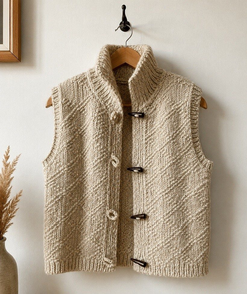Chunky knitted vest in a knit-and-purl lattice with a tall rib collar and duffle toggles