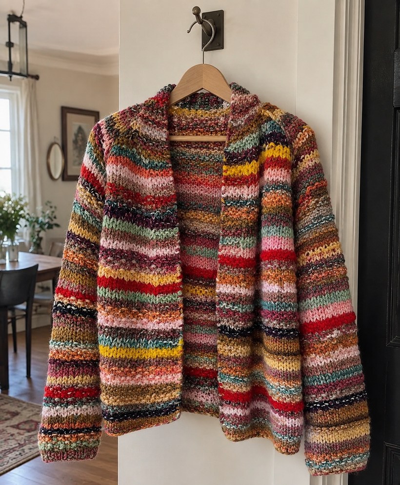 Open-front cardigan in colourful bulky scrap-yarn stripes with garter ridges, hanging on a wooden hanger