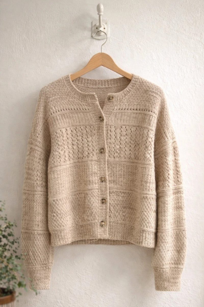 Cropped cream cardigan with horizontal bands of seed stitch, eyelets and lace, with small buttons