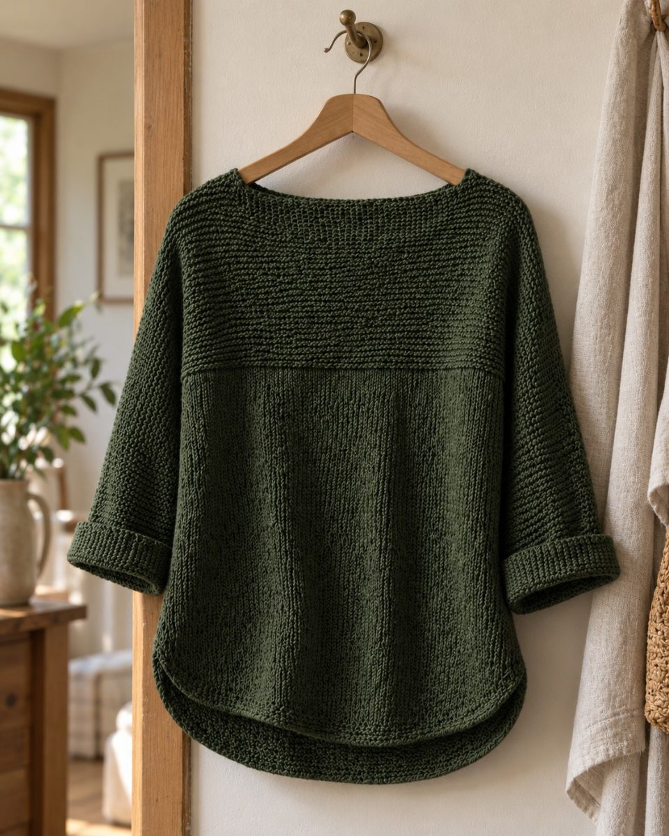 Olive green knitted boat neck sweater with a deep garter yoke and curved shirttail hem
