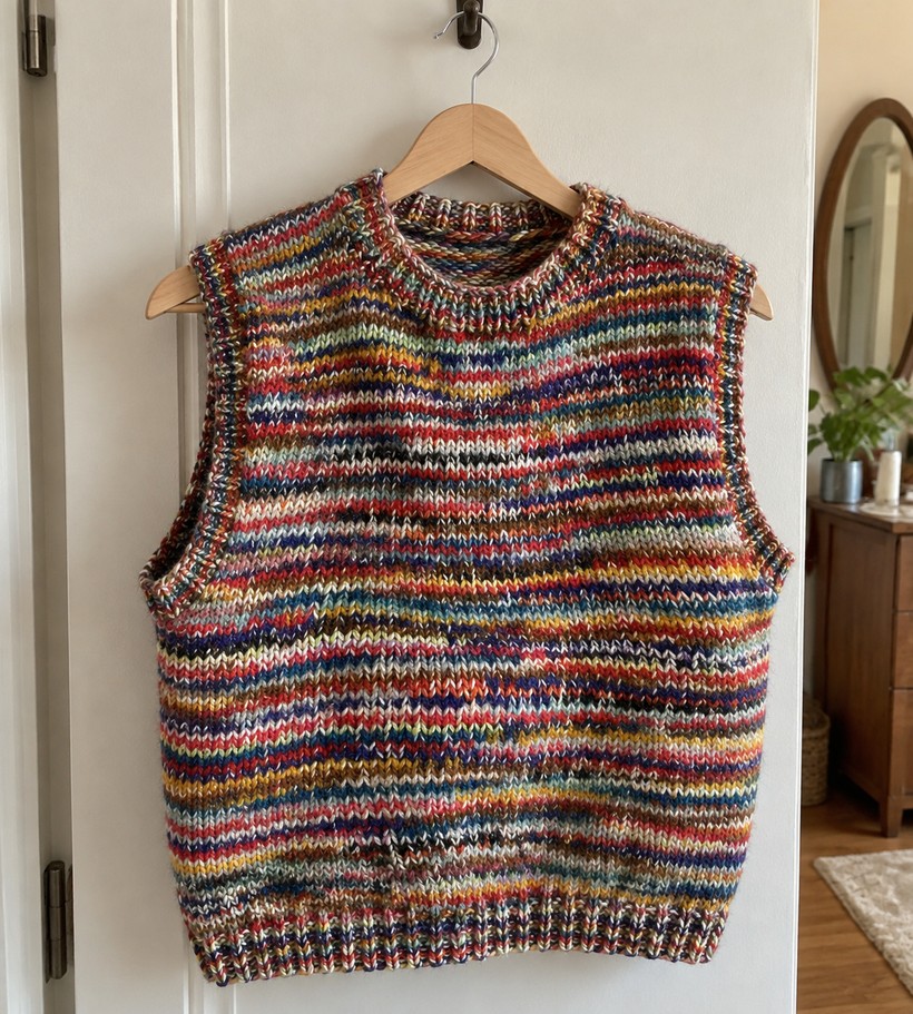 Boxy sleeveless knitted vest in a marled rainbow of scrap-yarn colours, hanging on a wooden hanger