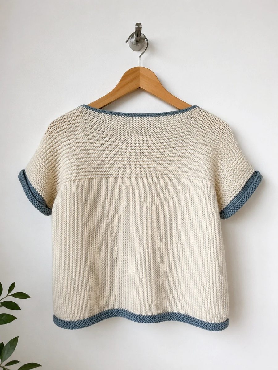 Cropped boat-neck knitted tee with a garter yoke fading into stockinette and contrast trim