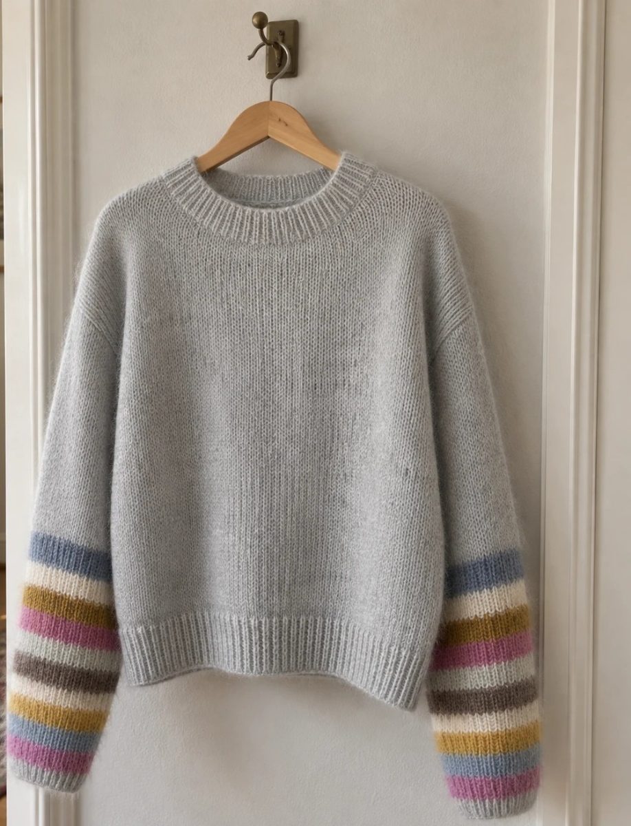 Cropped grey mohair sweater with rainbow striped lower sleeves and pink rib cuffs
