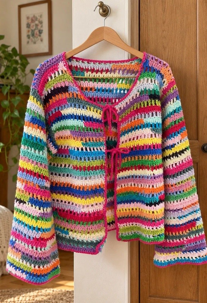 Colourful cropped crochet cardigan made from scrap yarn with hot pink edging and chain ties