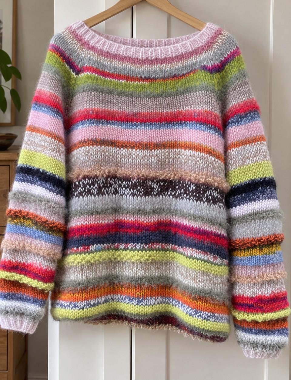 Very oversized brushed-mohair pullover in colourful stripes with purl ridges and pale pink rib neck and cuffs