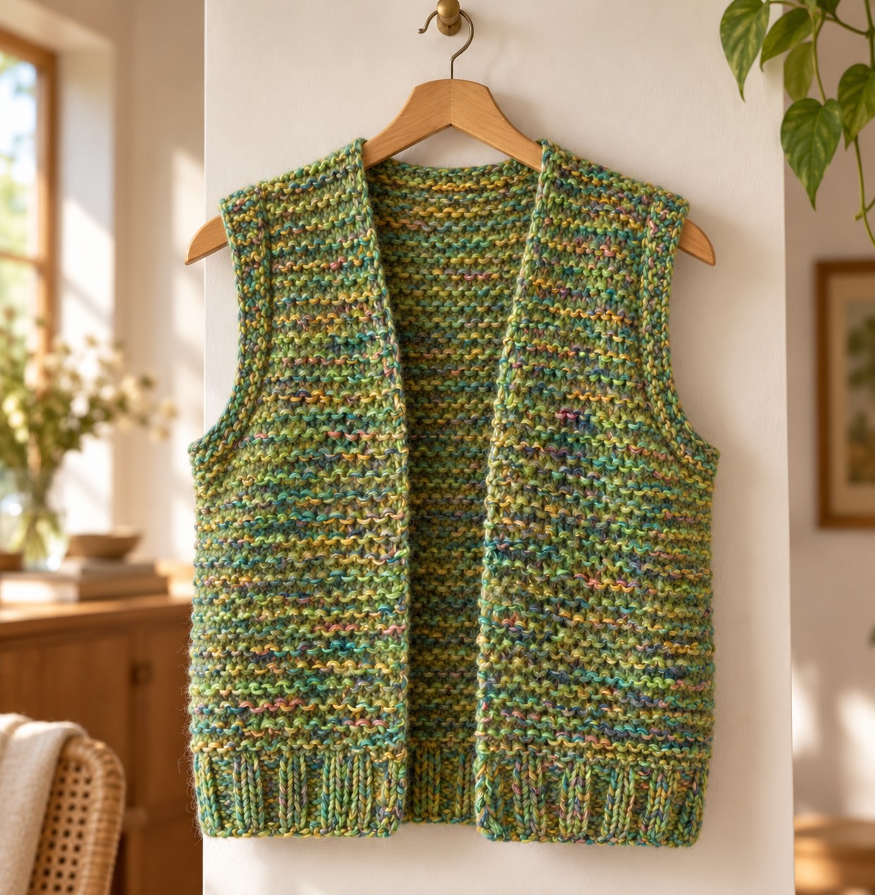 Open-front garter stitch waistcoat in variegated green chunky yarn with a ribbed hem, on a wooden hanger
