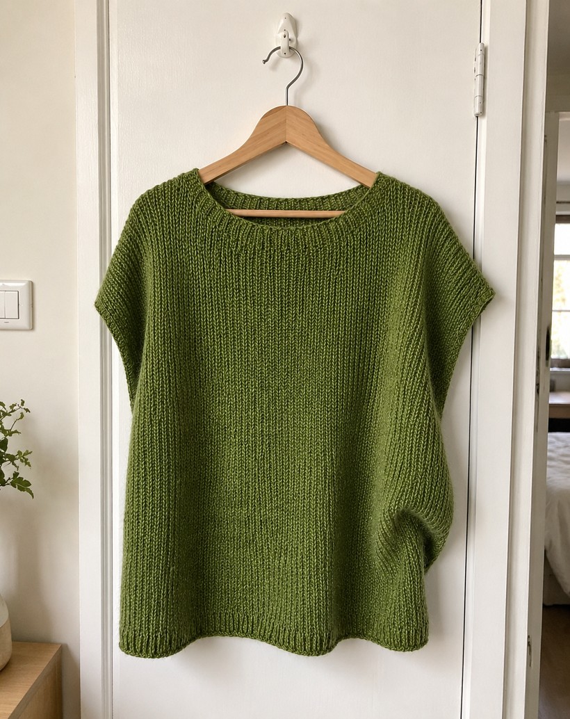 Boxy sage-green knitted top with cap sleeves and a wide boat neck, hanging on a wooden hanger