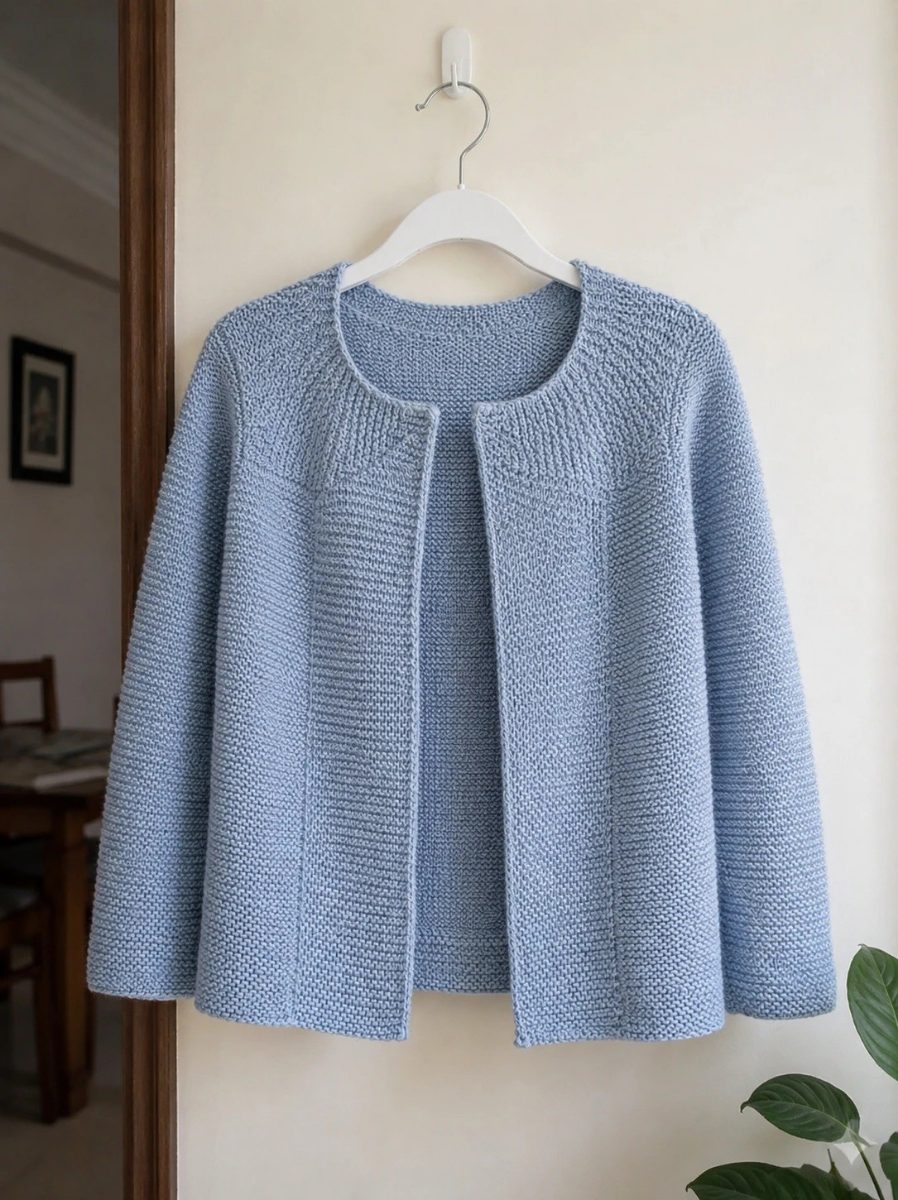 Soft blue A-line knitted cardigan in moss stitch with a continuous garter front band