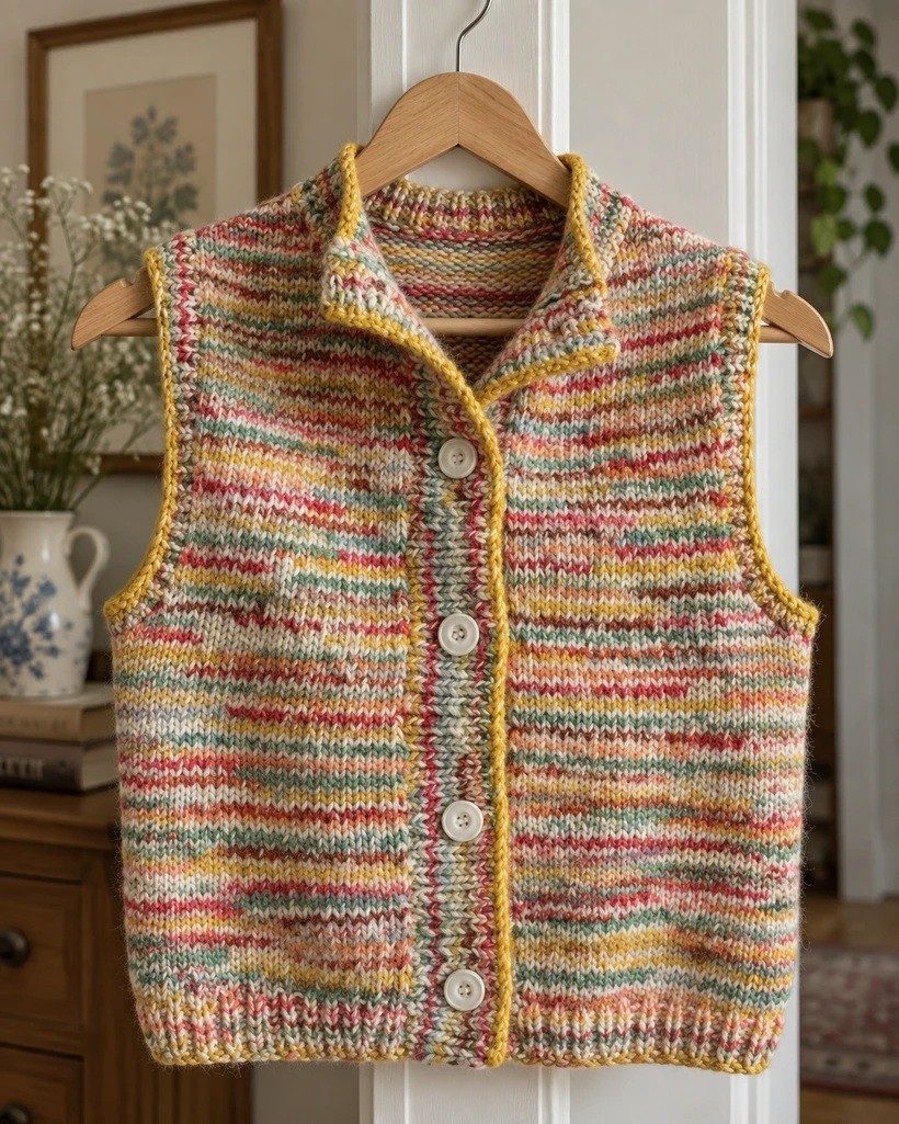 Cropped button-front knitted vest in speckled yarn with a yellow i-cord trim on every edge
