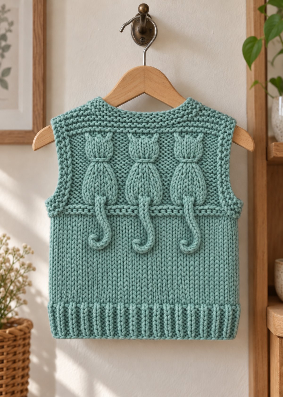 Child's knitted vest with three textured kittens across the front and curled i-cord tails, on a wooden hanger