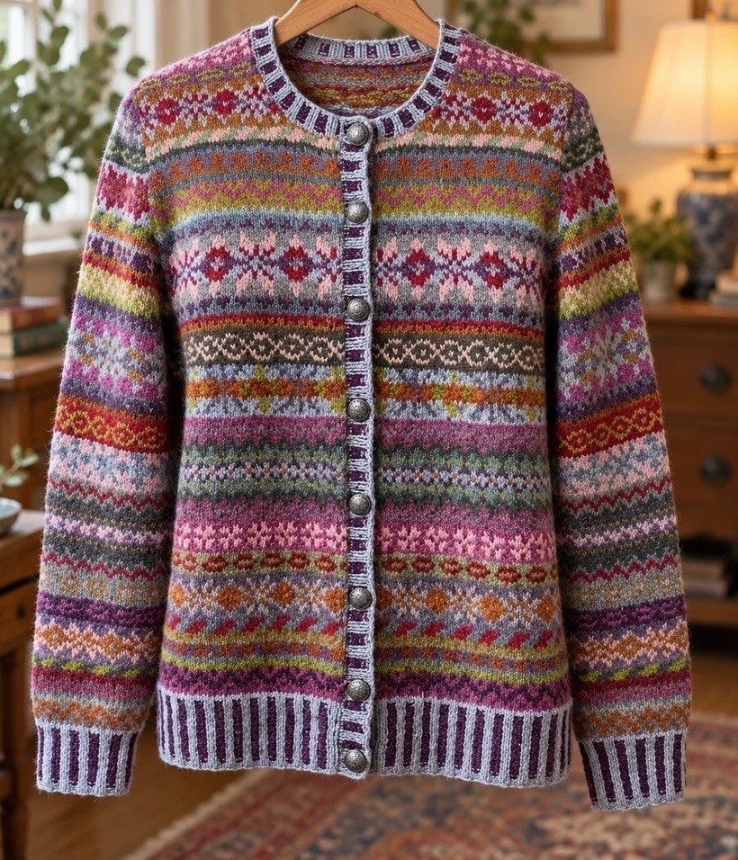 Traditional Fair Isle cardigan in ten shades with corrugated rib bands and pewter buttons