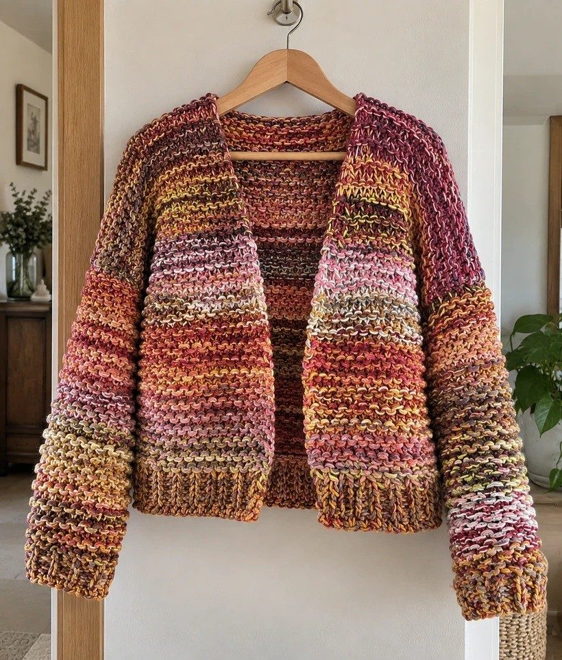 Very oversized cropped garter-stitch cardigan in warm hand-dyed super bulky yarn
