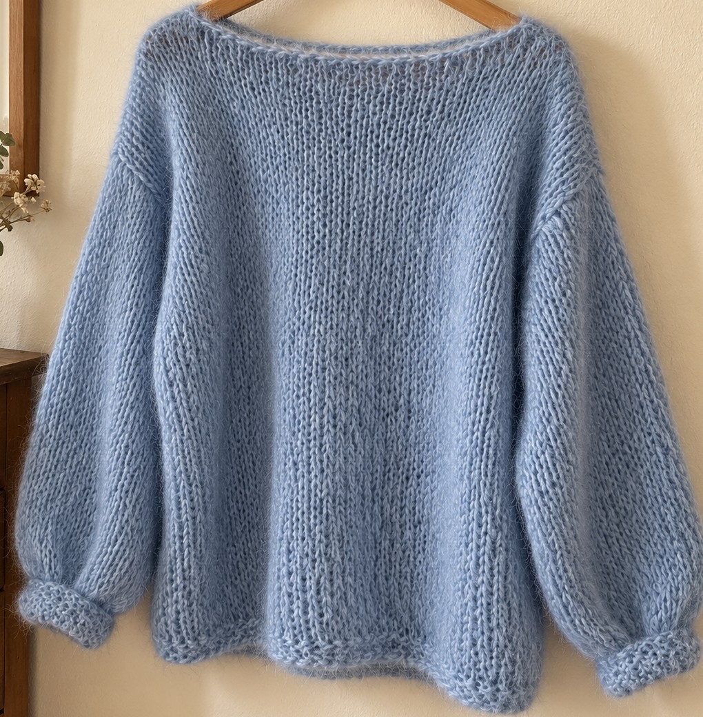 Pale blue oversized brushed mohair sweater with a wide boat neck and balloon sleeves, hanging on a wooden hanger